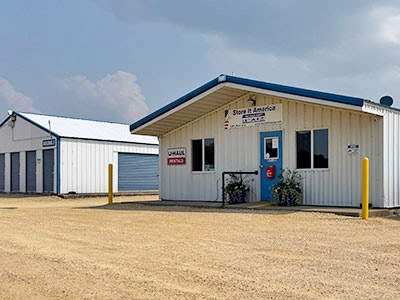 Large storage units with blue doors.